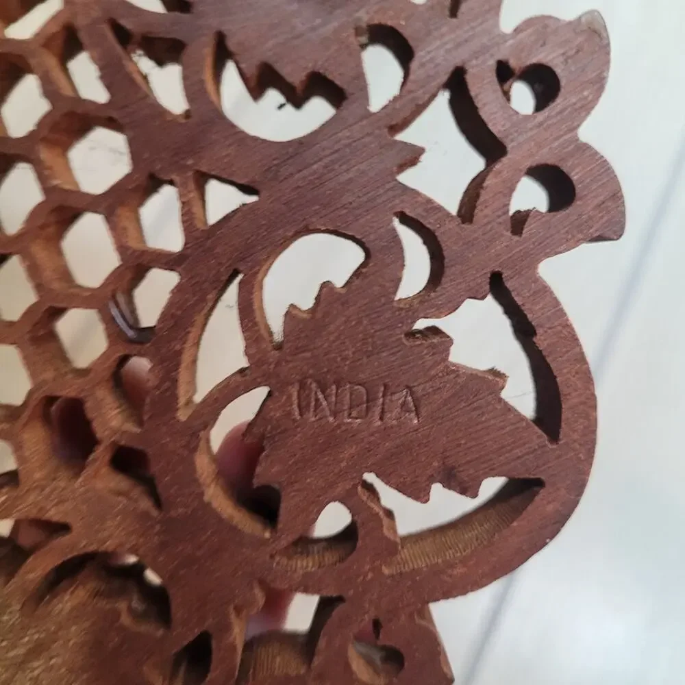Vintage MCM Wood Hand Carved Footed Trivet Floral Hotplate Made In India